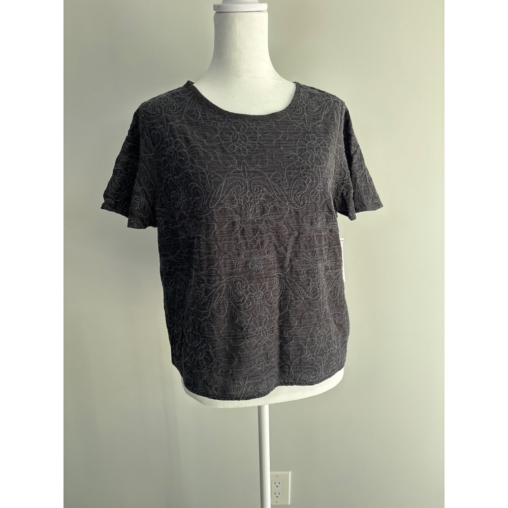 Ophelia Roe Blouse Women Medium Grey/Bl Embroidered Floral Boho Keyhole Back Top